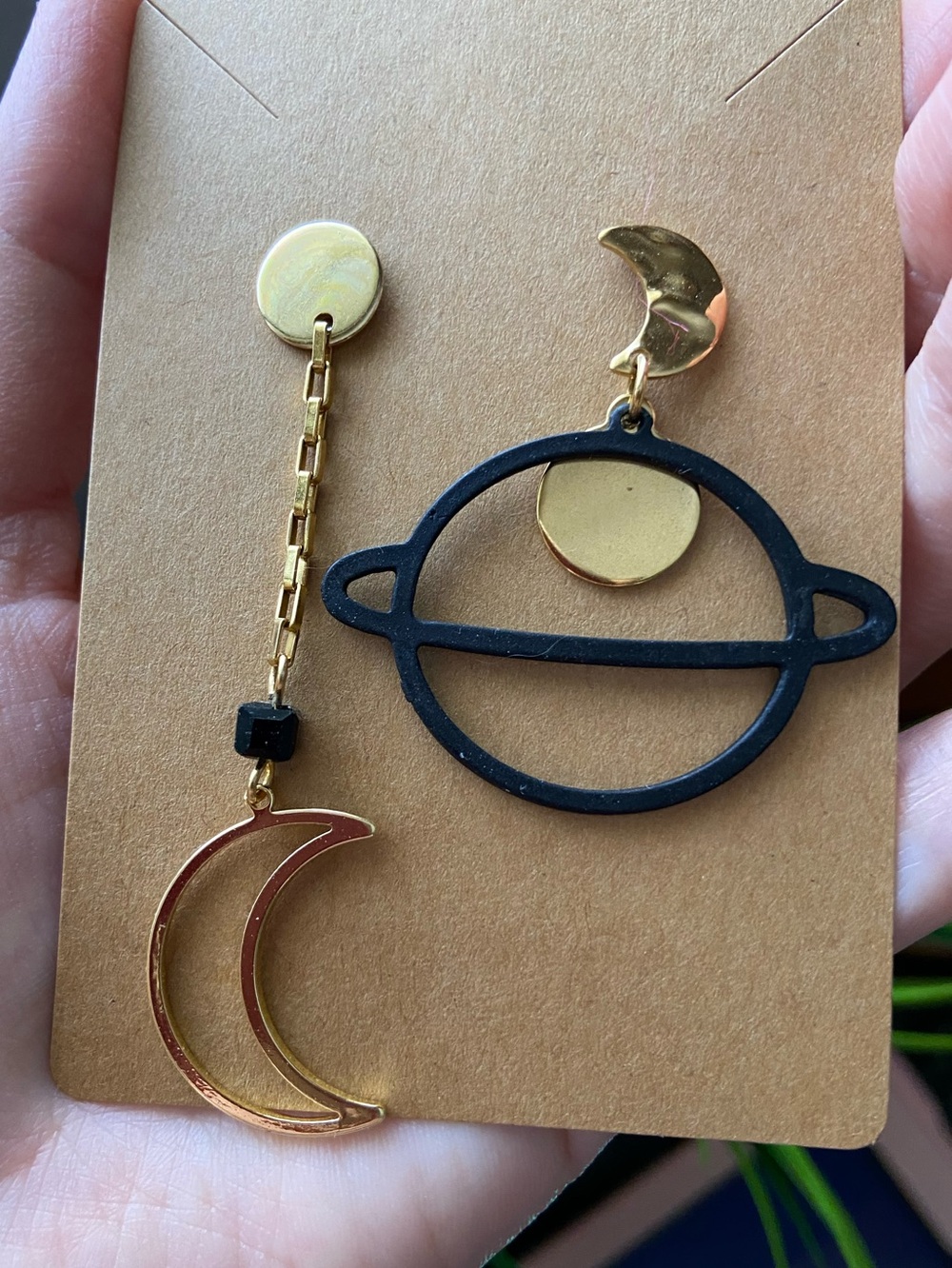 🌙 Asymmetrical Planet & Moon Earrings – Gold and Black